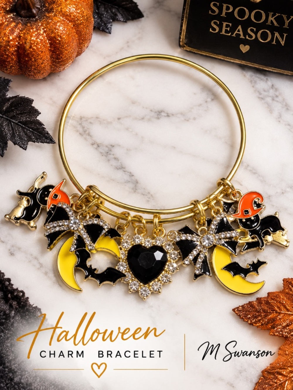NEW Halloween Spooky Charm Bracelet Gold Rhinestone Bat Cat Witch Moon